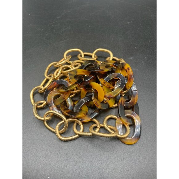 Faux Tortoise Plastic & Textured Metal Chain Necklace Chunky Gold Tone Statement - Picture 5 of 6
